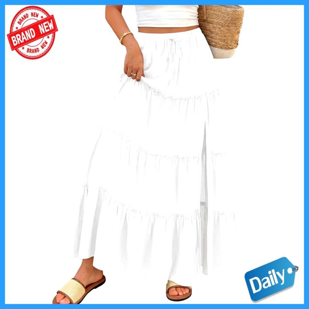 Maxi Skirt with Side Slit A-Line Boho Flowy with Pockets Summer Casual